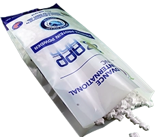 Large white custom printed side gusset pouch with packing peanuts